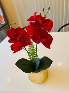 Red Artificial Orchid Arrangement in Gold Vase